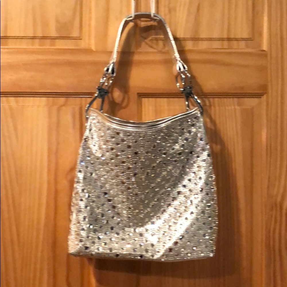 Silver metallic bling hand bag hobo purse w/jewels